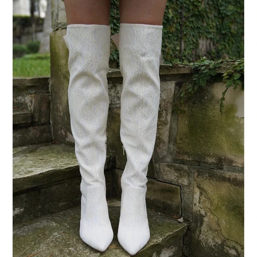 Antonio Melani x Nicola Bathie Over-the-Knee Ivory Lace Boots With Bows Size 7.5